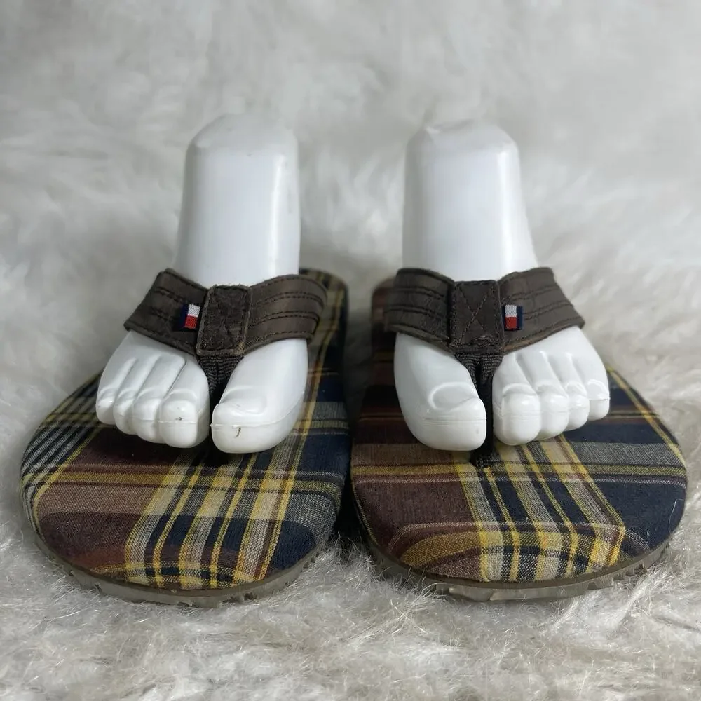 Tommy Hilfiger Flip Flops Mens 7M Brown Leather Plaid Thong Sandals